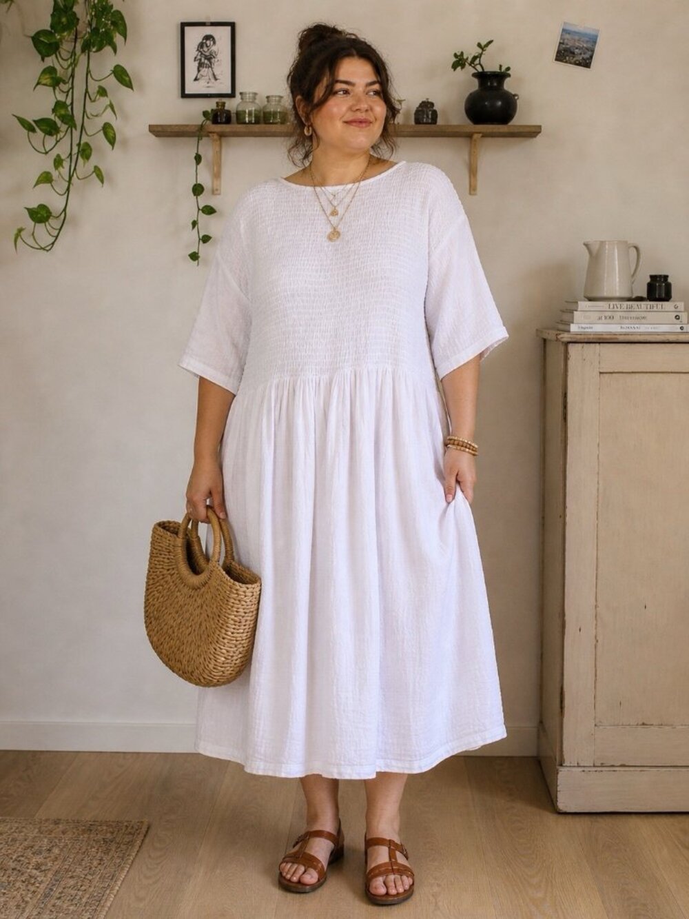 Shiny By Nature Womens Midi Dress 5XL White Cotton Gauze Smocked Minimalist - Picture 10 of 10